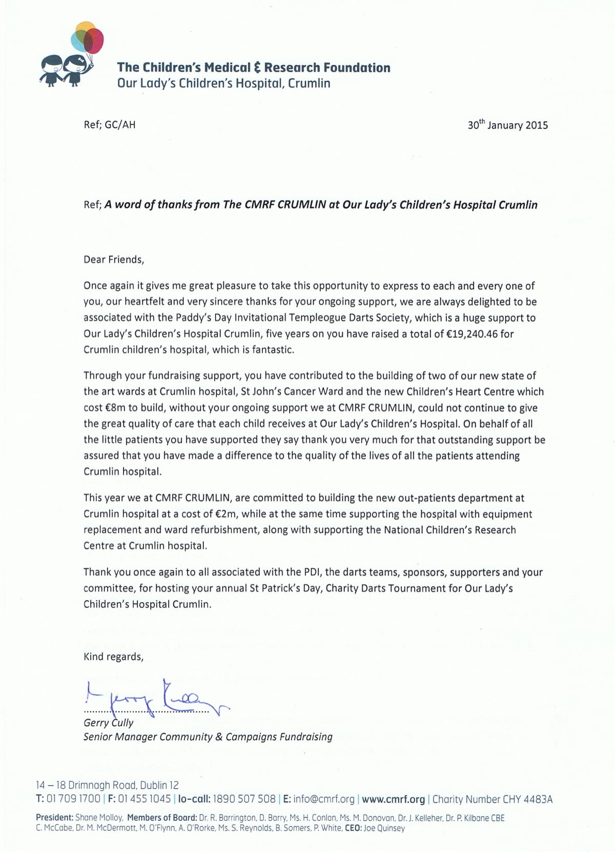 Thank-you letter from Children's Hospital