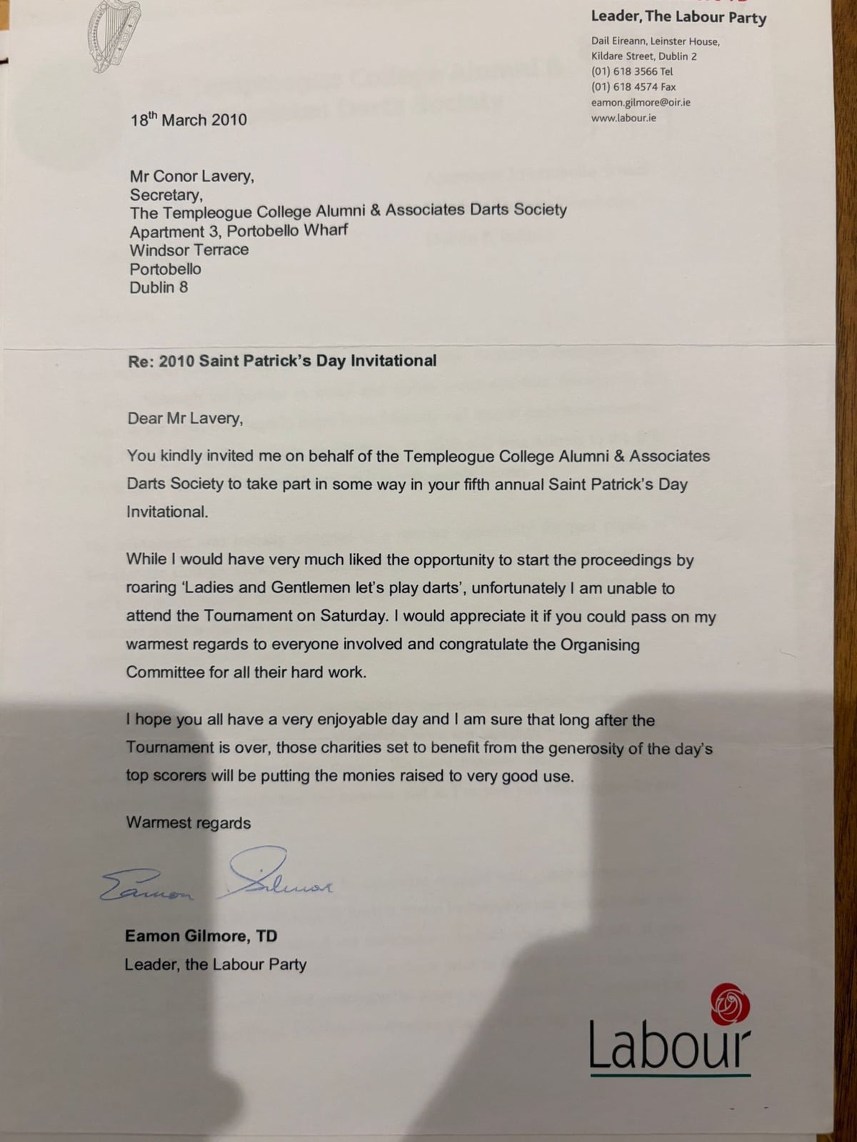 Letter from Eamon Gilmore congratulating the PDI, March 2010