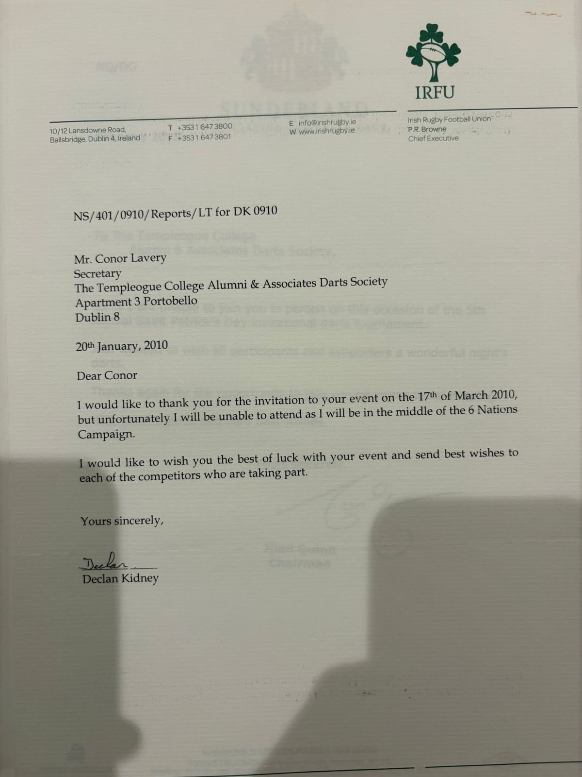 Letter from Declan Kidney declining due to Six Nations, January 2010
