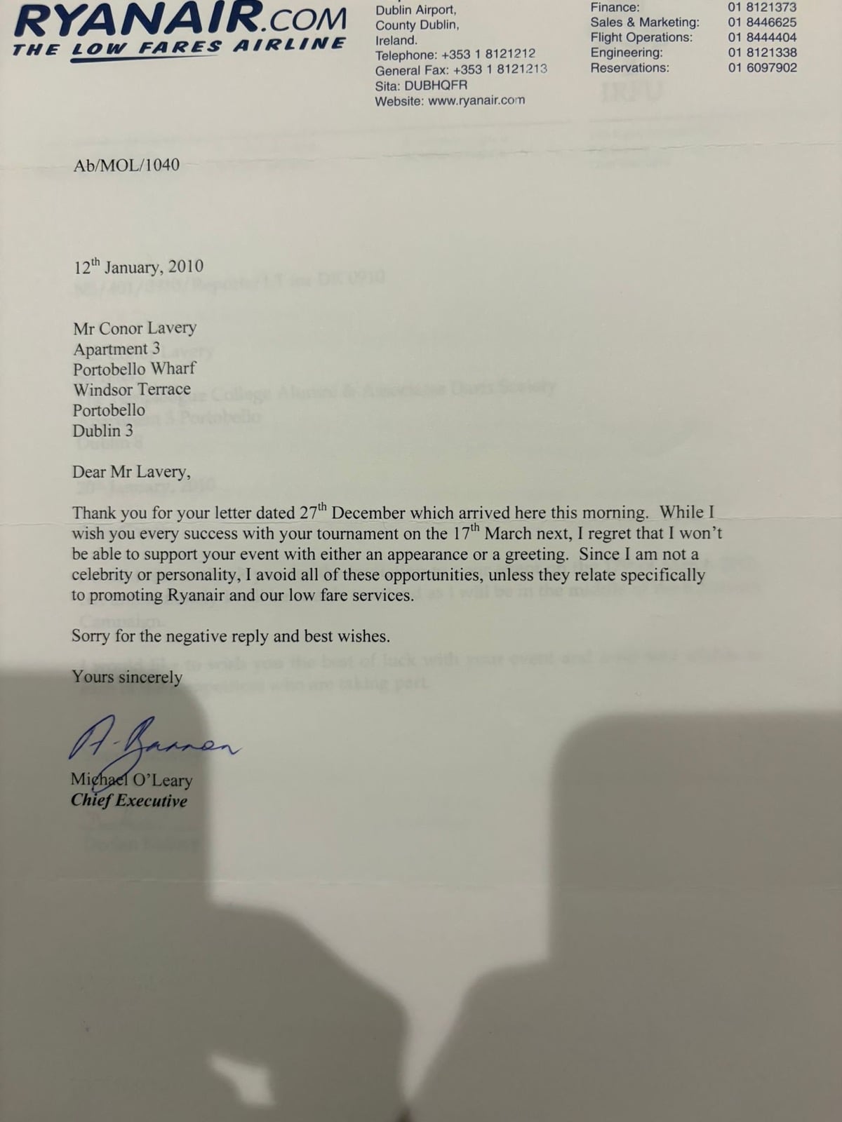 Letter from Michael O'Leary politely declining, January 2010