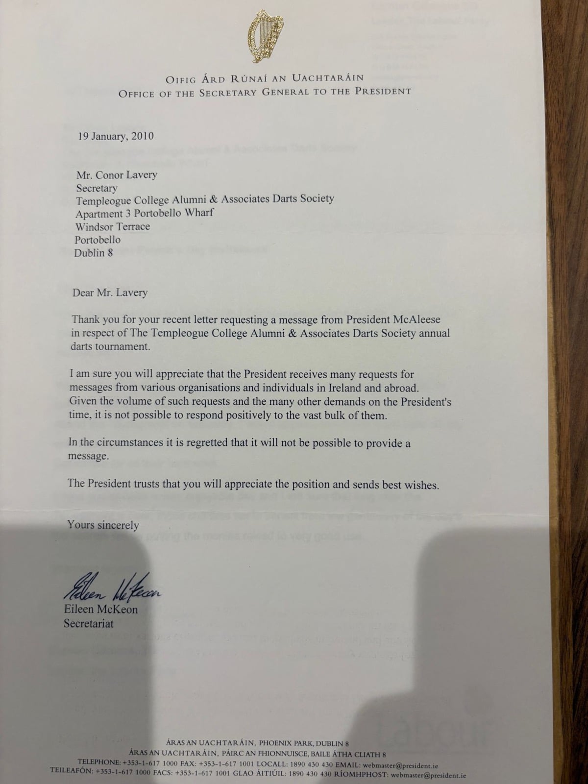 Letter from the Office of President McAleese, January 2010