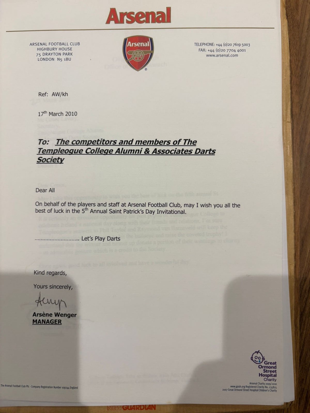 Letter from Arsène Wenger — Let's Play Darts, March 2010